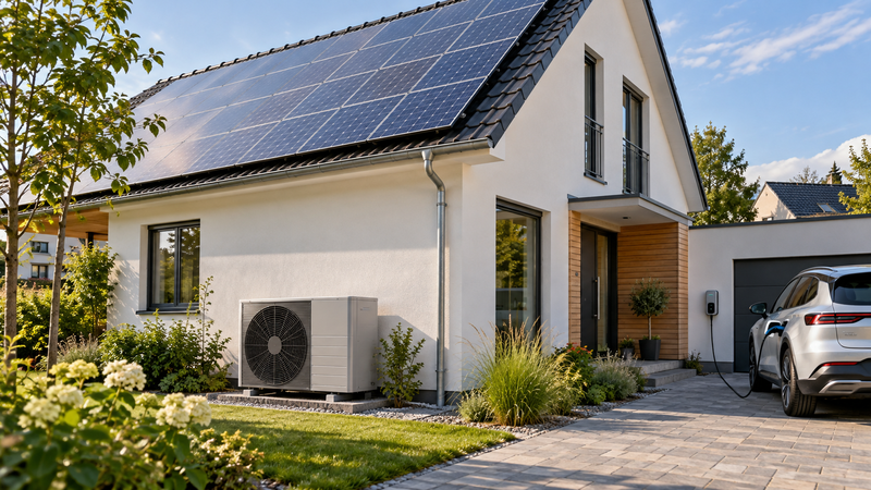 Wohnhaus mit Photovoltaikanlage, Wärmepumpe und Elektroauto an einer Wallbox; KI-generiertes Symbolbild.