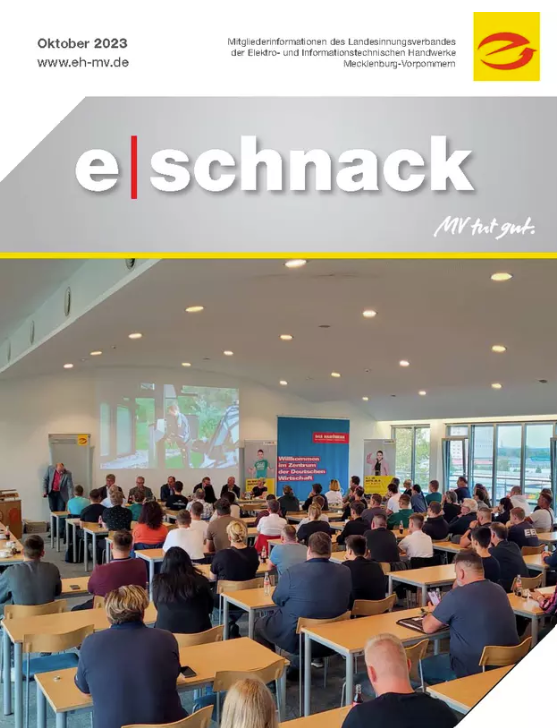 Titelseite der Mitgliederzeitschrift „e|schnack“ des Landesinnungsverbandes der Elektro- und Informationstechnischen Handwerke Mecklenburg-Vorpommern, Ausgabe Oktober 2023.