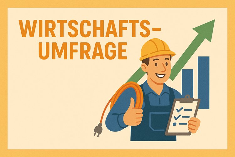 Ein Handwerker mit Helm hält ein Klemmbrett und ein Stromkabel, während im Hintergrund Balkendiagramme und ein Aufwärtspfeil die wirtschaftliche Entwicklung symbolisieren.